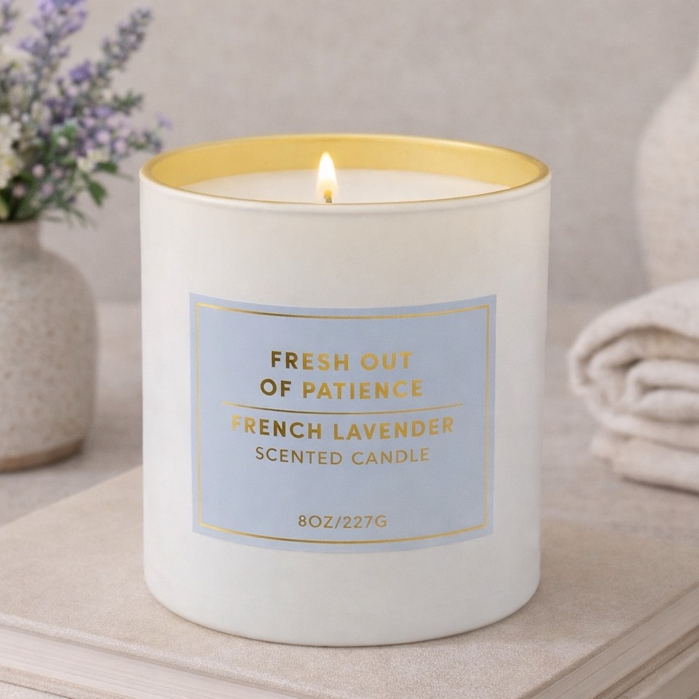 “Fresh Out of Patience” Funny Candle – French Lavender Scented – 8 oz – NEW